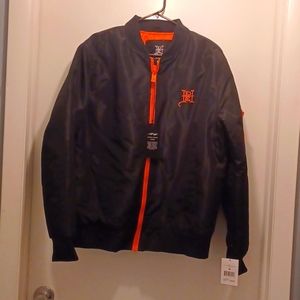 NWT Ed Hardy bomber jacket. Size M Death before dishonor. Blk/orange.